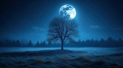 Solitary Tree Under a Bright Full Moon in a Starry Night Sky with Calm Landscape
