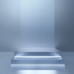Fototapeta premium Futuristic blue podium with glowing steps and vertical wall