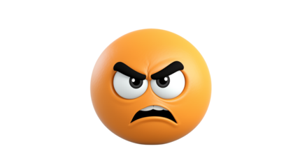An angry orange emoji with furrowed brows against black space
