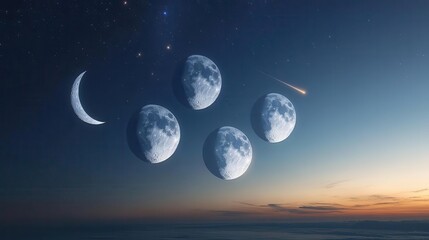 Stunning Celestial Scene With Various Phases Of The Moon Against A Twilight Sky