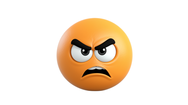 An angry orange emoji with furrowed brows against black space