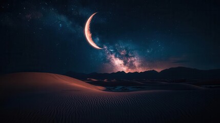 Stunning Night Sky with Milky Way and Crescent Moon Above Serene Desert Landscape