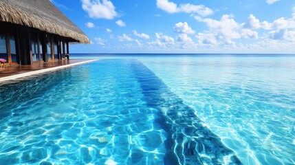 Fototapeta premium Luxury tropical resort featuring an infinity pool blending seamlessly with the ocean horizon