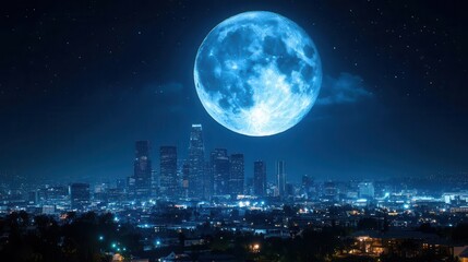 Stunning Night View of a City Under a Bright Blue Moon with Stars and Clouds in the Sky