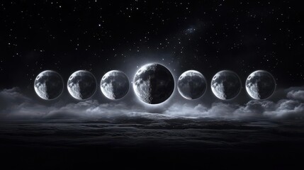 Six Phases of the Moon Illuminated Against a Starry Night Sky with Clouds and Reflection