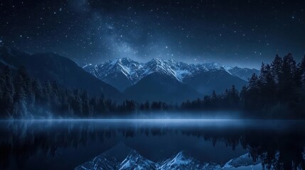 Starlit Night Over a Serene Lake Surrounded by Majestic Mountains and Reflective Waters