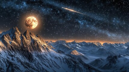 Stunning Night Sky with Stars and Moon over Snow-Capped Mountains under Cosmic Scenery
