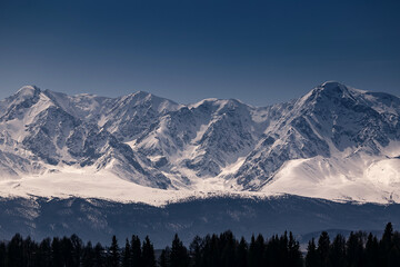 Beautiful autumn with snow-covered peaks mountains North Chuya mountain ridge in Altai, Siberia,...