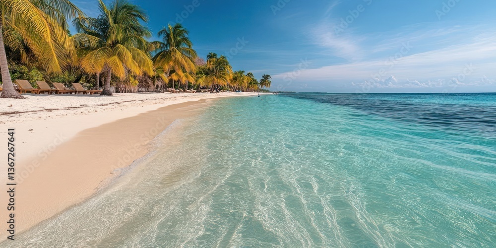 Poster scenic coastal view featuring a sandy beach lined with palm trees against a backdrop of clear turquo