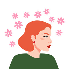 Portrait of young girl side view. Avatar woman with red hair and flowers above her head. Design of card, banner, poster. Concept of greeting, spring, love, romance, self-care. Vector illustration
