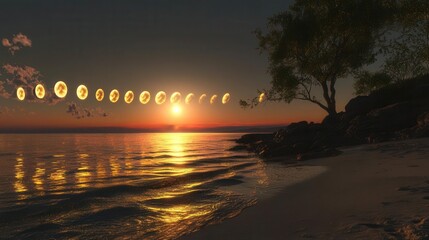 Stunning Sunset Over Tranquil Ocean with Silhouette of Tree on Sandy Beach at Dusk