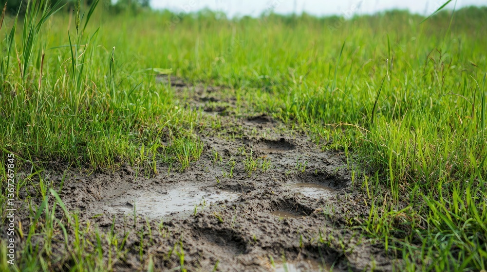 Poster rabbit footprints in mud, showing a trail through a green meadow with tall grass