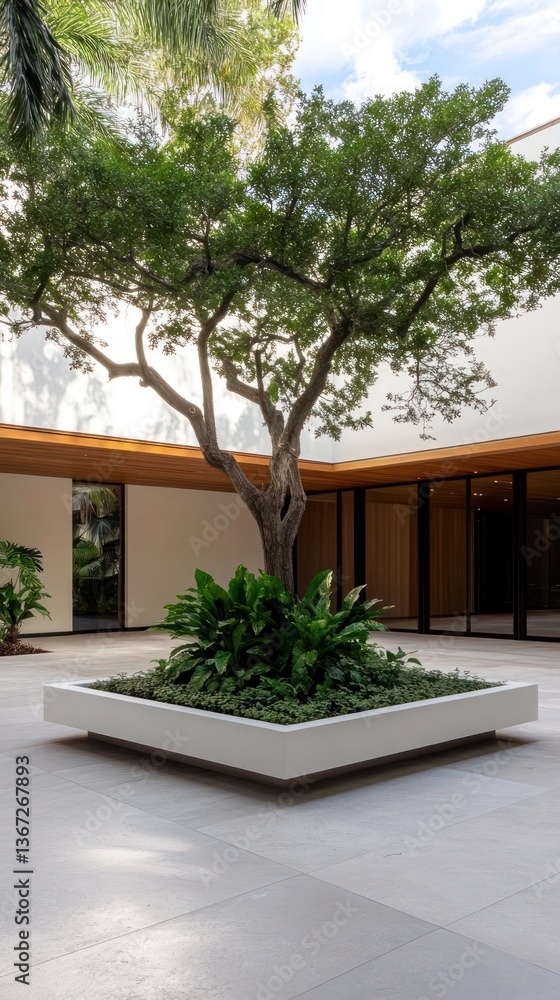 Aufkleber Courtyard view featuring a tree in a square planter surrounded by greenery with a building in background, natural light, outdoor scene