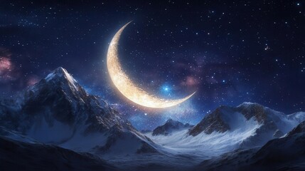 Stunning Night Sky with Glimmering Crescent Moon Over Snowy Mountain Landscape