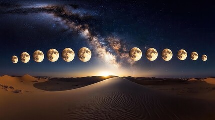 Stunning Panoramic View of the Desert at Night Showcasing the Milky Way and Illuminated Moons