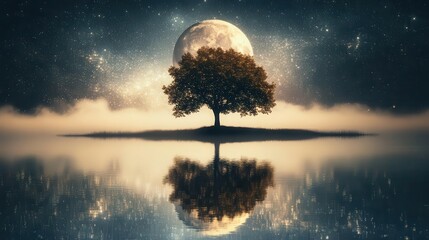 Solitary Tree with Moonlit Reflection in Tranquil Water at Night Under Starry Sky