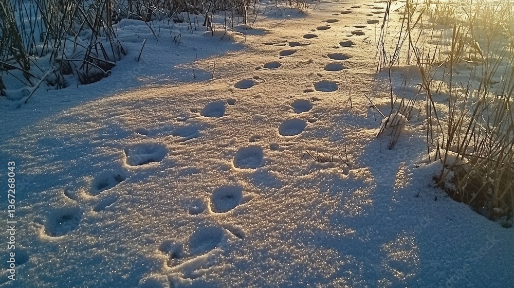 Poster set of rabbit footprints in the snow with shadows cast in the early morning light.
