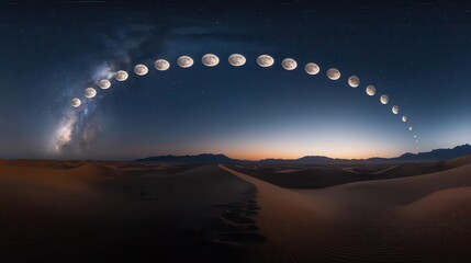 Stunning Night Sky Over Desert Landscape Featuring Moon Phases and Milky Way Galaxy