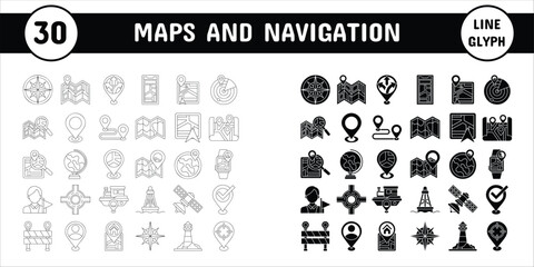 Maps and Navigation Line Glyph Vector Illustration Icon Sticker Set Design Materials