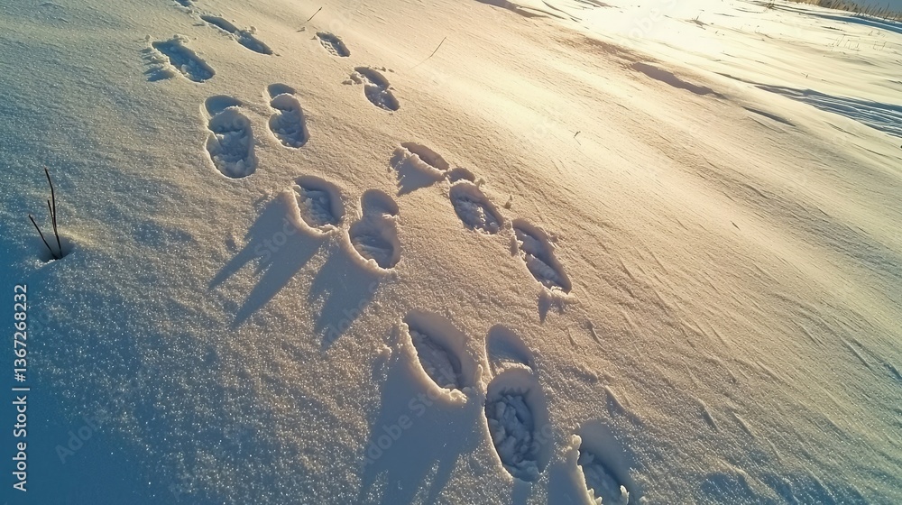 Poster set of rabbit footprints in the snow with shadows cast in the early morning light.
