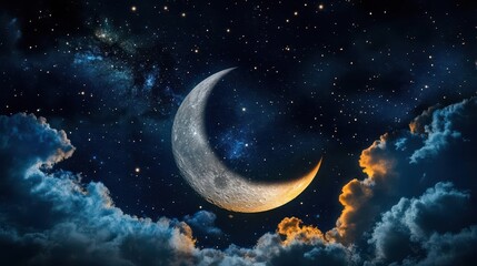Stunning Crescent Moon Illuminated in a Starry Night Sky Surrounded by Wispy Clouds
