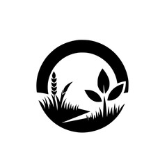 Black & White Nature Logo: Wheat, Leaves, & Grass Circle
