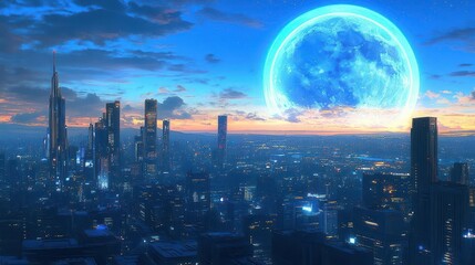 Stunning Urban Skyline with a Large Fantasy Moon at Dusk Over an Illuminated Cityscape
