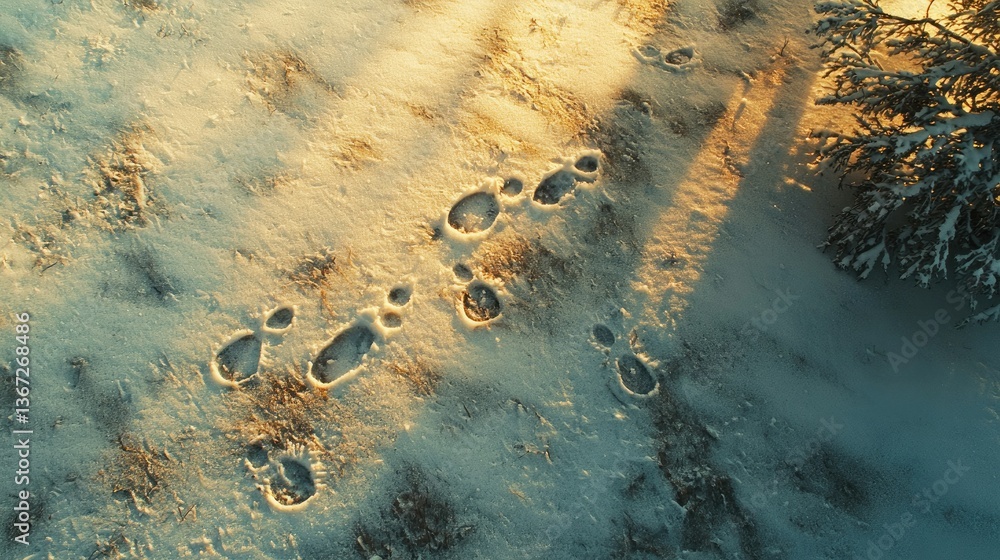 Poster set of rabbit footprints in the snow with shadows cast in the early morning light.