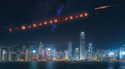 Stunning Night Skyline of Hong Kong Under Starry Sky with Celestial Bodies Aligned in the Background