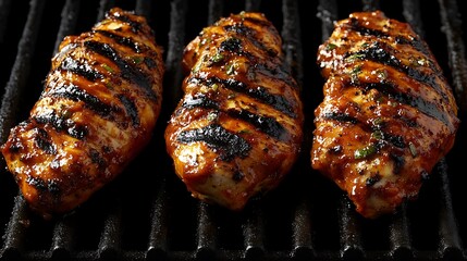 Three grilled chicken breasts with grill marks.