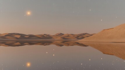 Stunning Desert Landscape with Reflective Water at Twilight Under a Starry Sky