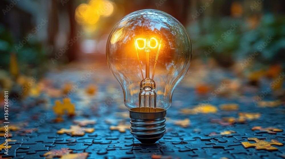 Poster concept image of solution finding answer to problem solving lightbulb jigsaw puzzle