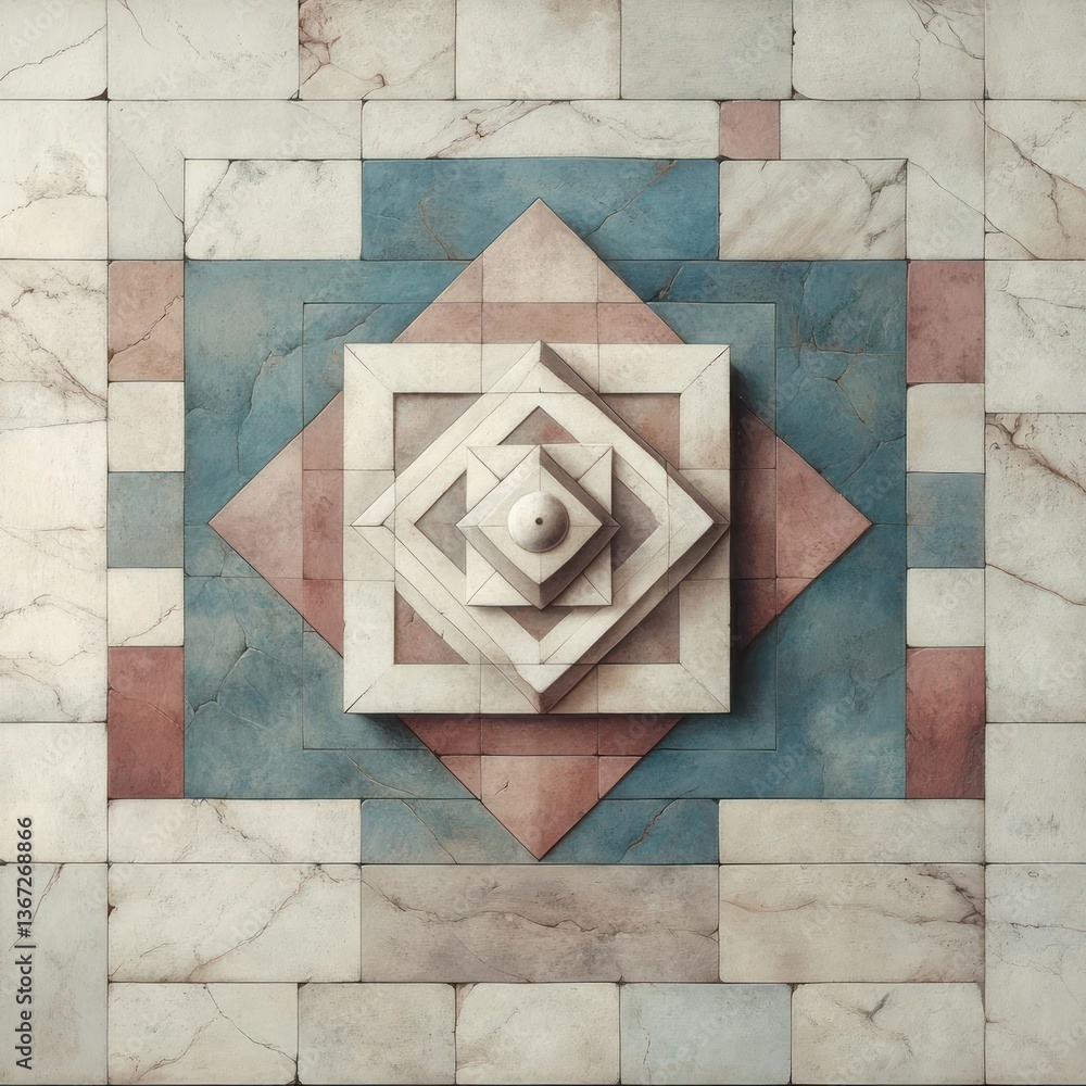 Aufkleber Geometric pattern with layered square pyramids in blue red and beige tones creating a symmetrical design on stone background