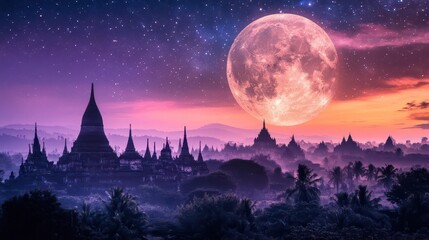 Stunning Landscape of Ancient Temples Silhouetted Against a Giant Moon at Night