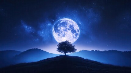 Stunning Night Landscape with a Silhouette of a Tree Under a Bright Full Moon and Stars