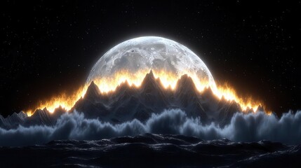 Stunning Moonrise Over Fiery Mountains Against Dark Starry Night Sky