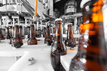 Beer bottling process in modern brewery factory, Tightening lid