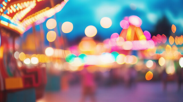Defocused abstract nostalgic amusement park rides carnival electric lights colorful summer fun childhood background beautiful bokeh with copy space vintage fairground	