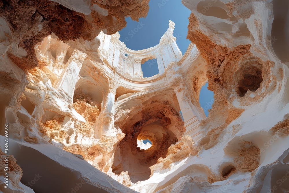 Aufkleber Abstract cubic structure with a central opening and intricate patterns in off-white and brown tones against a blue sky background. The image showcases an architectural or natural formation