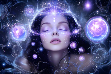 Dreamy Portrait Of A Woman With Glowing Purple Eyes Surrounded By Stars