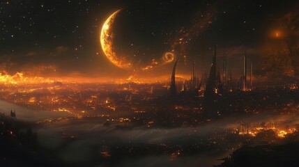 Stunning Fantasy Cityscape Under a Night Sky with Orange Moon and Stars Illuminating the Horizon