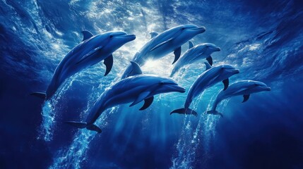 A captivating pod of dolphins surfacing in a vibrant, sunlit, blue ocean setting