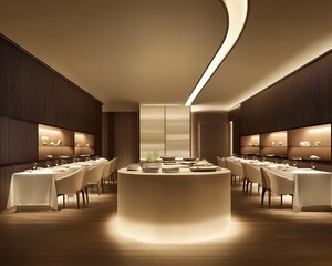 Elegant modern restaurant interior.  Warm lighting, minimalist design, and fine dining tables create a luxurious ambiance.