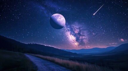 Stunning Night Sky with Milky Way and Bright Moon over Serene Mountain Landscape
