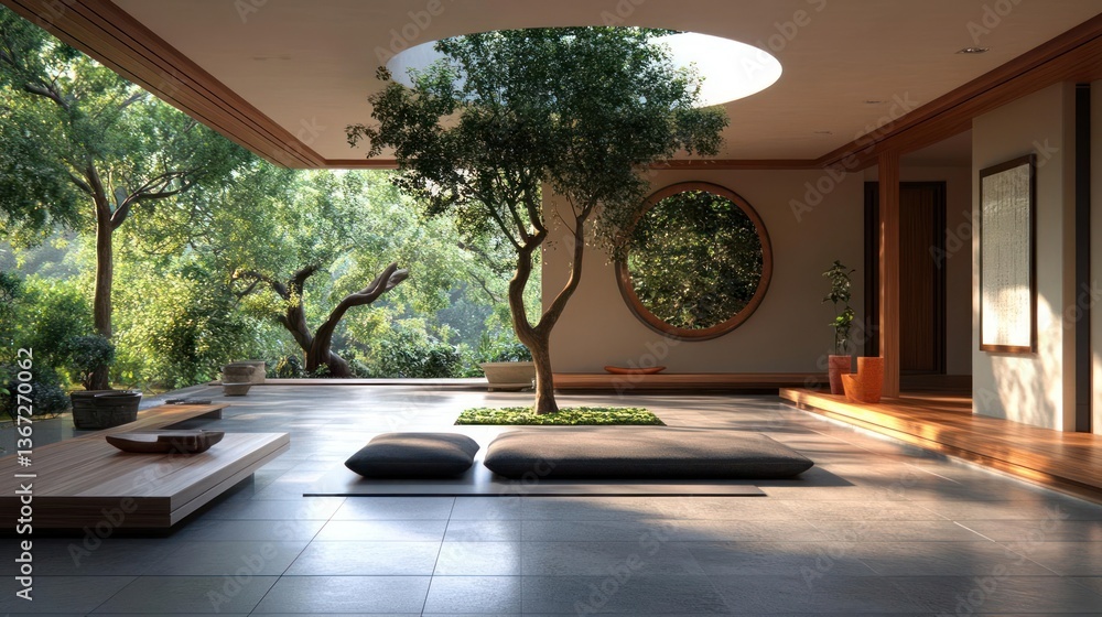 Poster interior zen garden room with natural light from circular window and open ceiling showcasing tree an