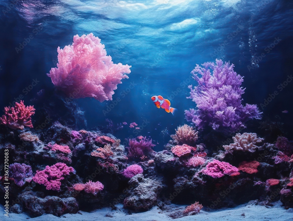 Poster underwater coral reef scene vibrant with colorful coral formations illuminated by ambient light a so