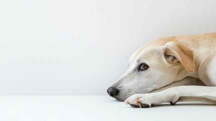 Calm beige dog resting on minimalist white background