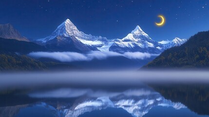 Stunning Night Landscape with Snow-Capped Mountains and Crescent Moon Over Serene Lake