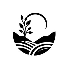 Black and White Farm Landscape:  Plant, Hills, and the Sun