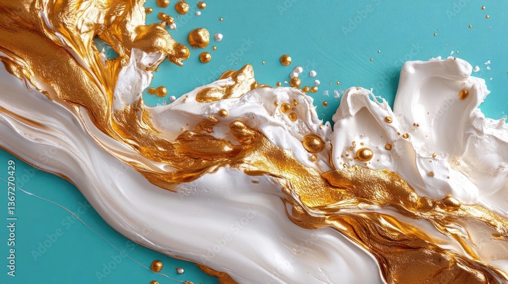 Poster abstract artwork featuring gold glitter and white liquid paint flowing across a teal background with